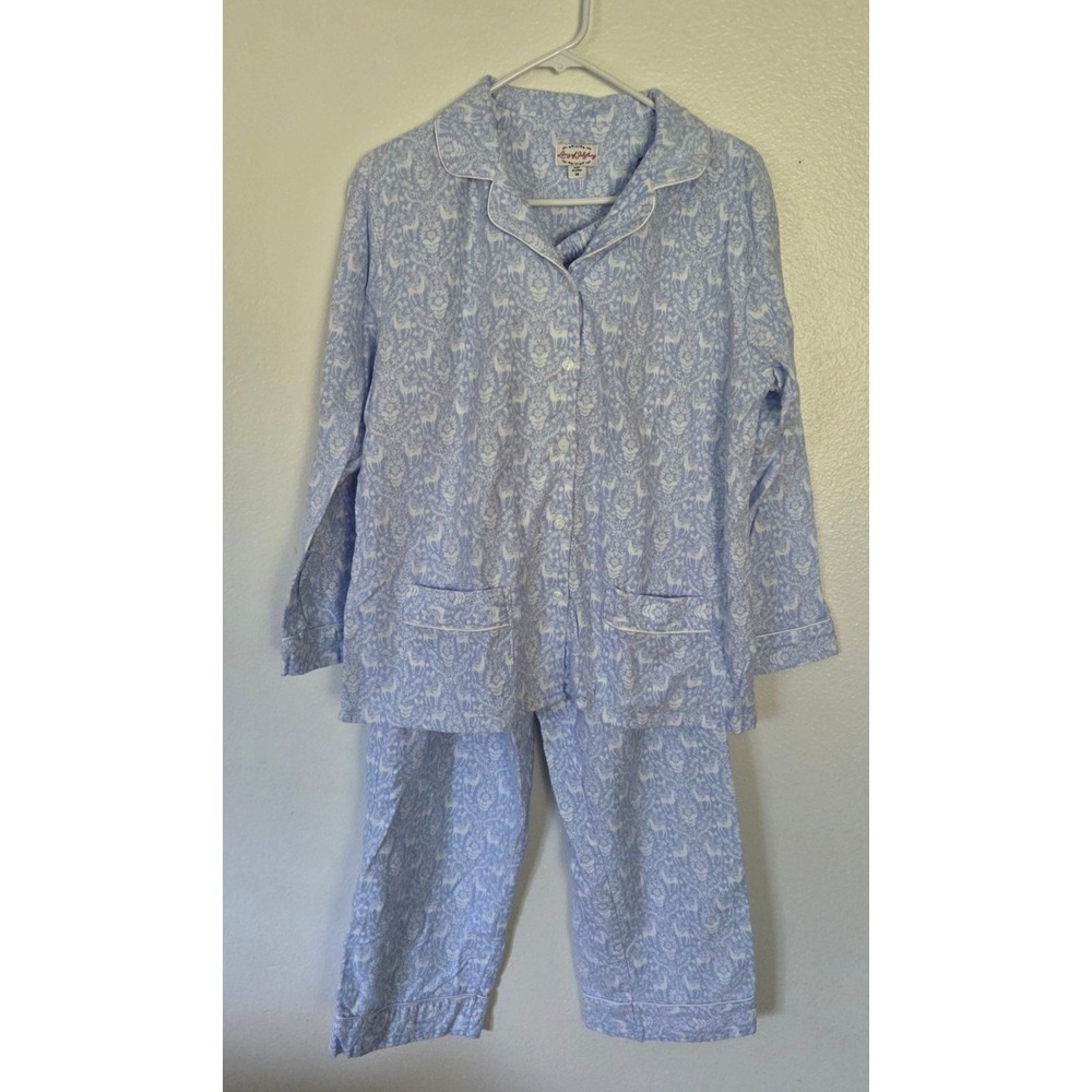 Lanz of Salzburg Blue Tyrolean Deer Floral Cotton Pajama Set Long Sleeve Medium